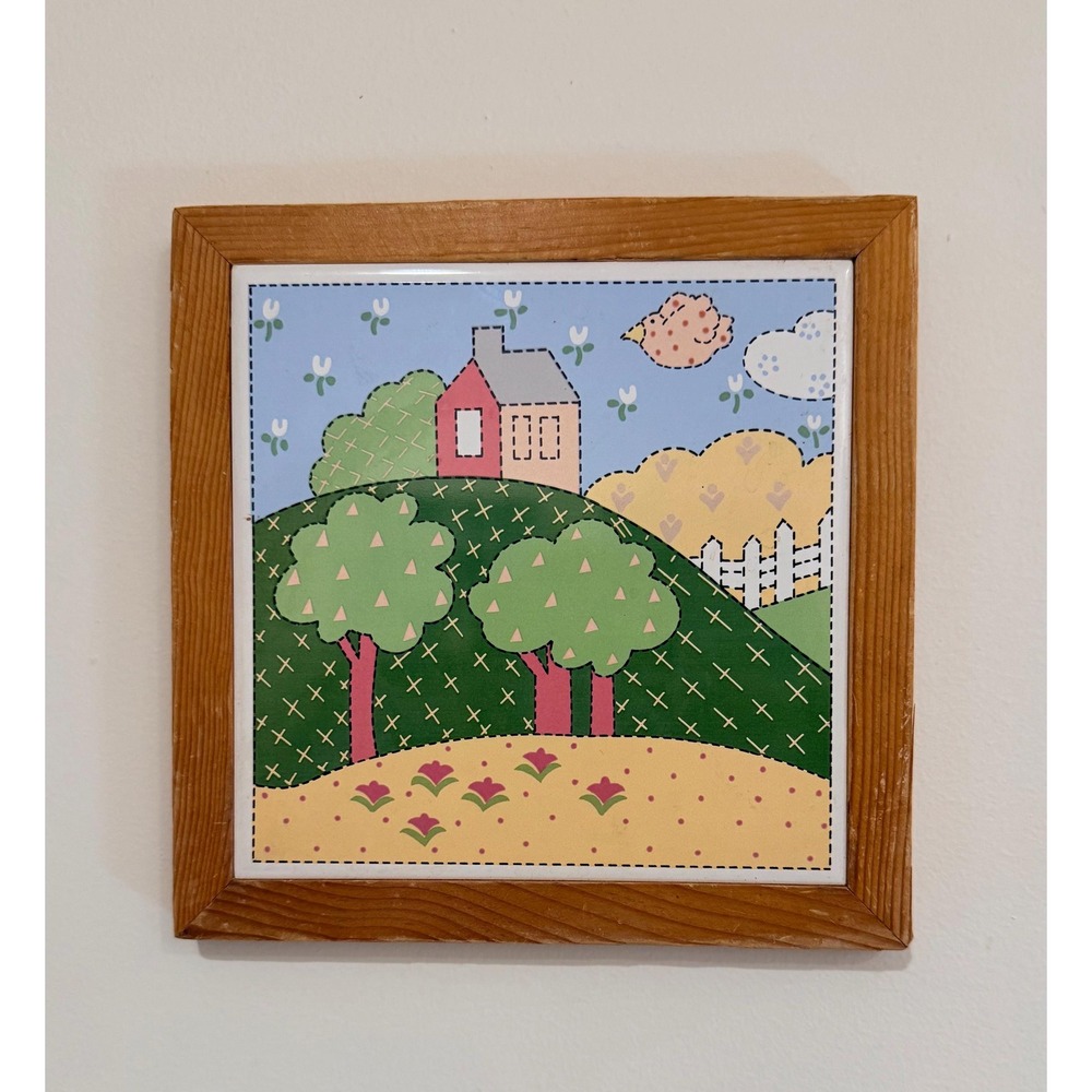 Vintage Framed Ceramic Tile Wall Art by Russ Berrie; Folk Art Decor